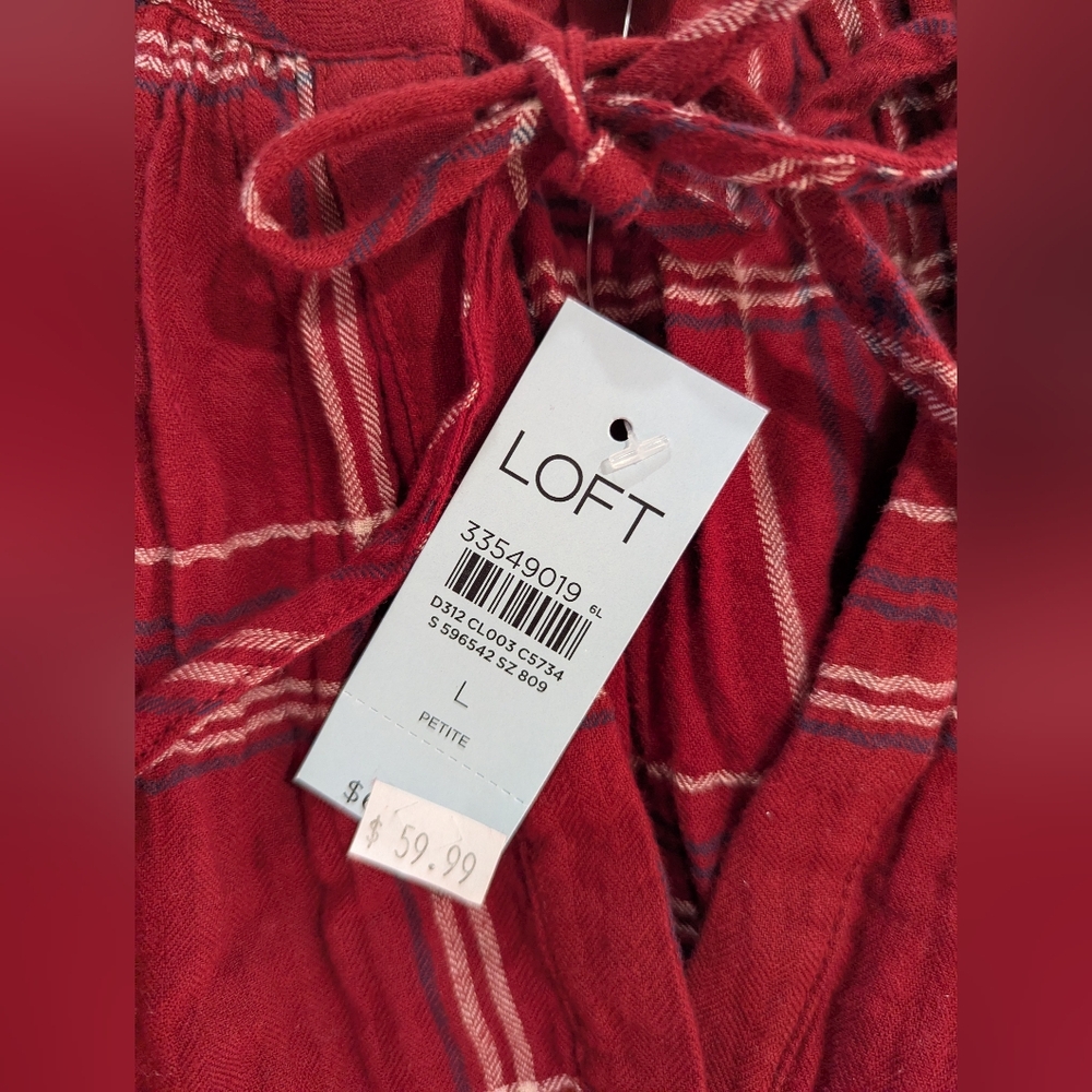 Loft Blouse Red Blue White Plaid Tie-Neck Puff Sleeve Top Size L Petite *NWT - Picture 5 of 16